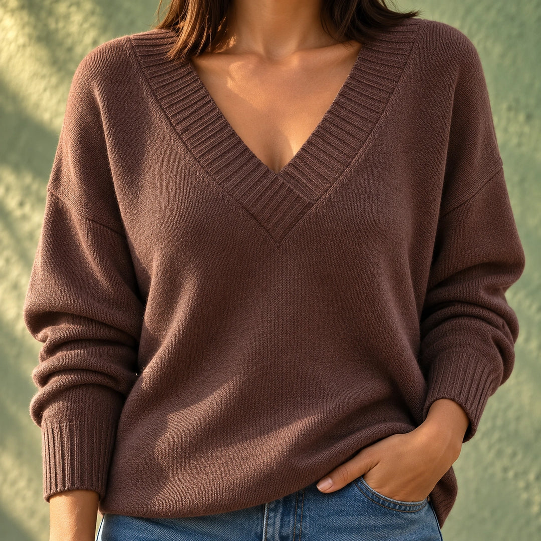 Adaline Wide Rib V-Neck Relaxed Knit Sweater - Brown