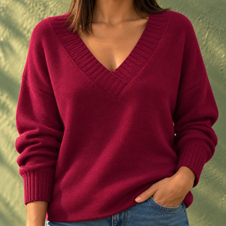 Adaline Wide Rib V-Neck Relaxed Knit Sweater - Red