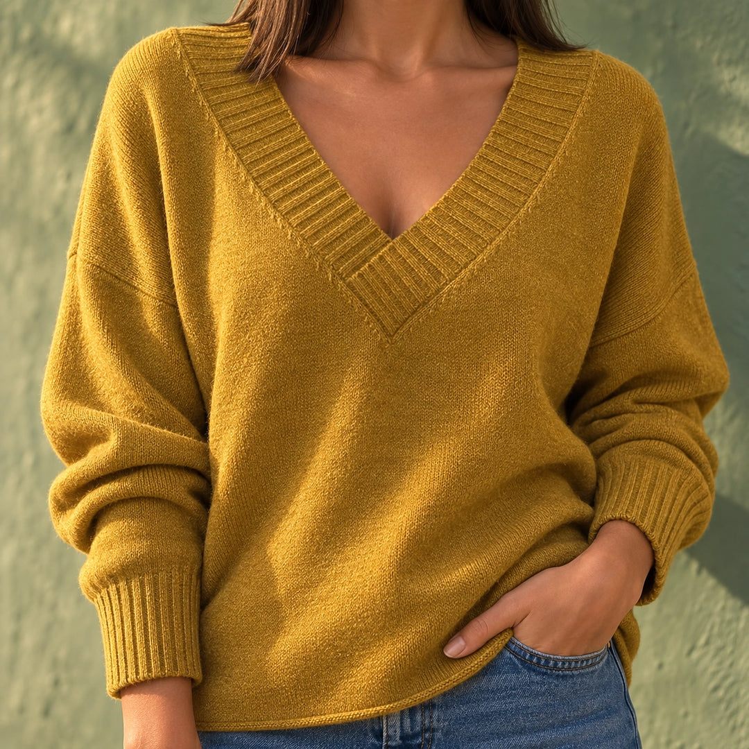 Adaline Wide Rib V-Neck Relaxed Knit Sweater - Yellow