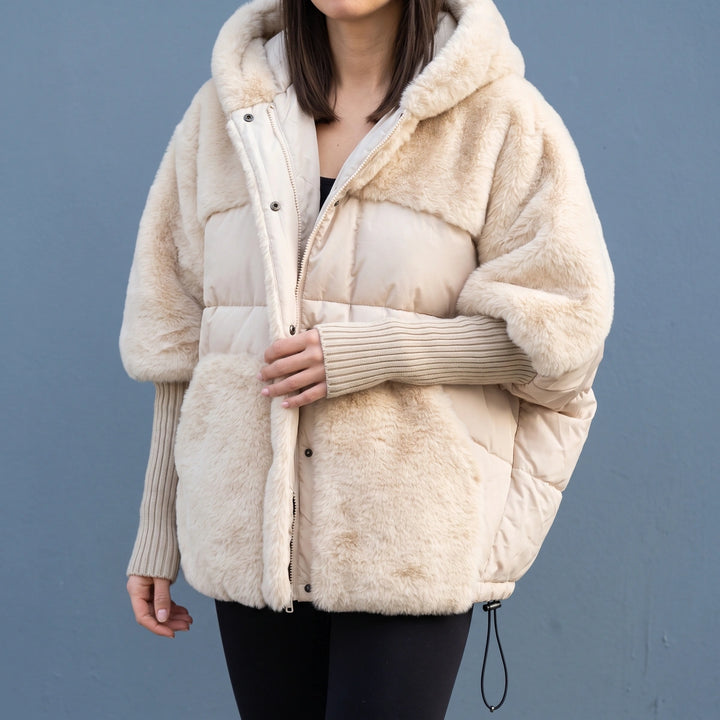 Adrienne Faux Fur Quilted Hooded Cape Coat - Beige