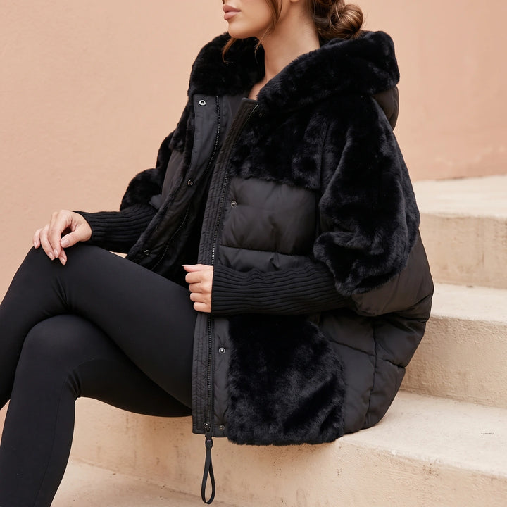 Adrienne Faux Fur Quilted Hooded Cape Coat - Black