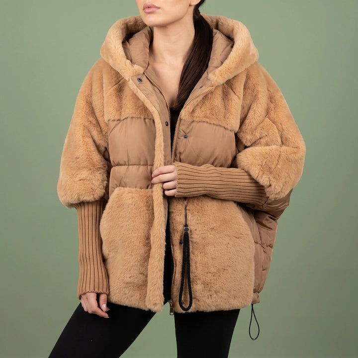 Adrienne Faux Fur Quilted Hooded Cape Coat - Brown