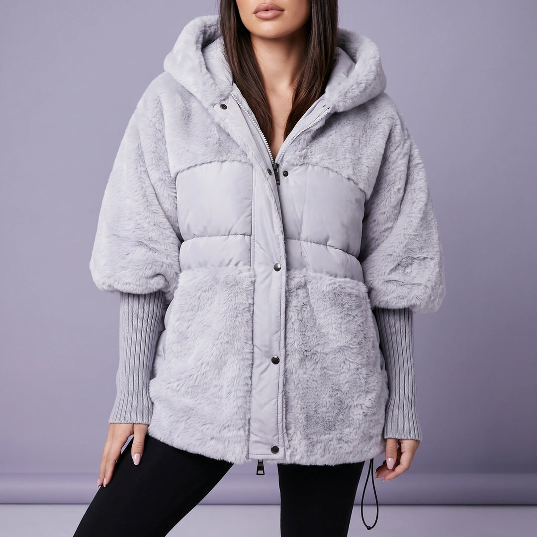 Adrienne Faux Fur Quilted Hooded Cape Coat - Gray