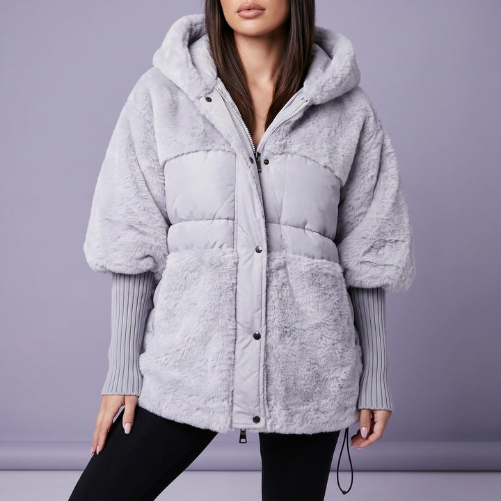 Adrienne Faux Fur Quilted Hooded Cape Coat - Gray