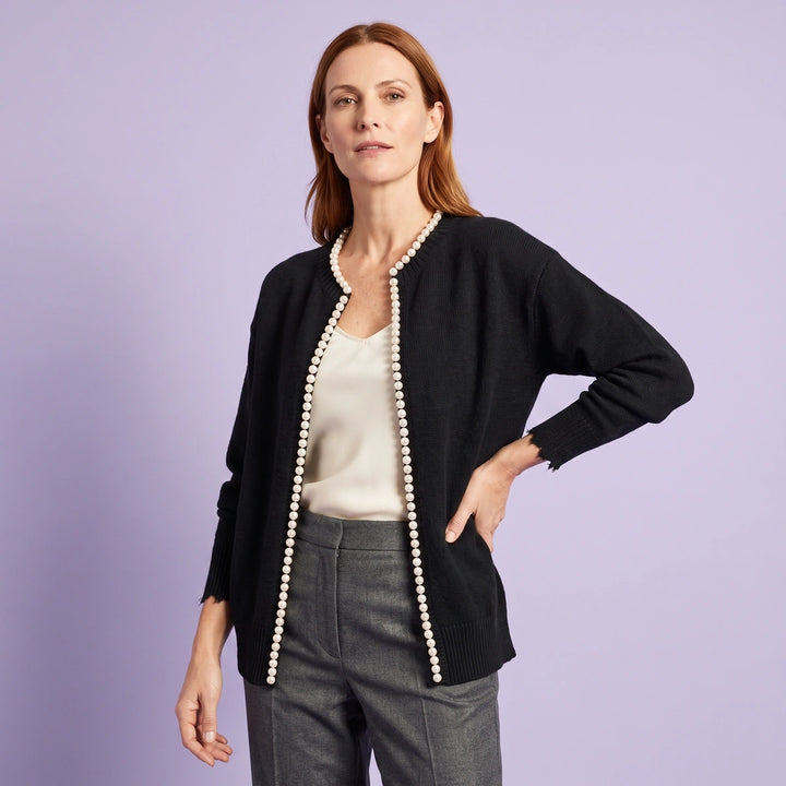 Agnes Pearl Trim Fine Knit Cardigan - Black