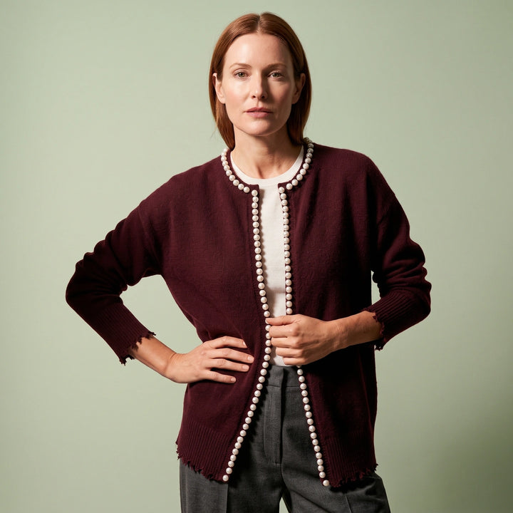 Agnes Pearl Trim Fine Knit Cardigan - Burgundy