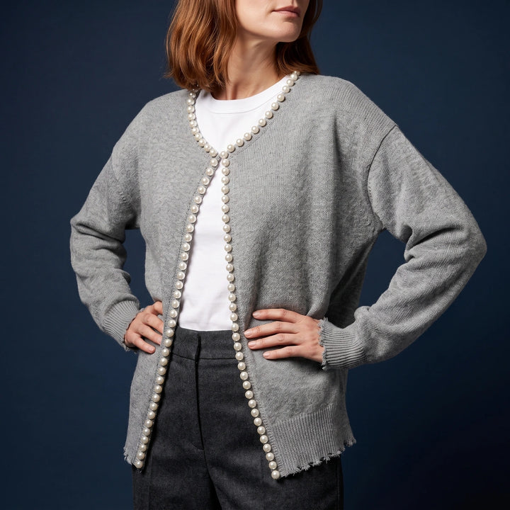 Agnes Pearl Trim Fine Knit Cardigan - Gray