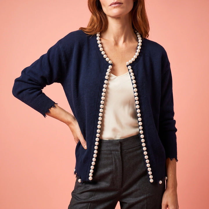 Agnes Pearl Trim Fine Knit Cardigan - Navy