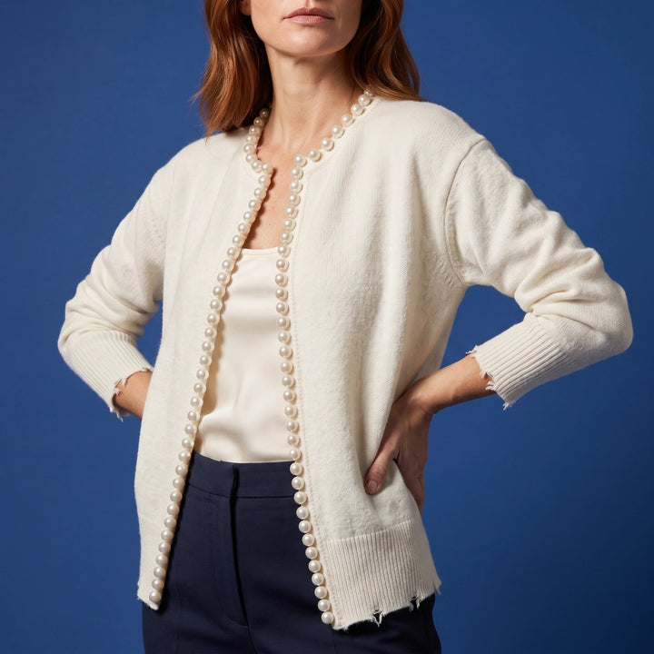 Agnes Pearl Trim Fine Knit Cardigan - White