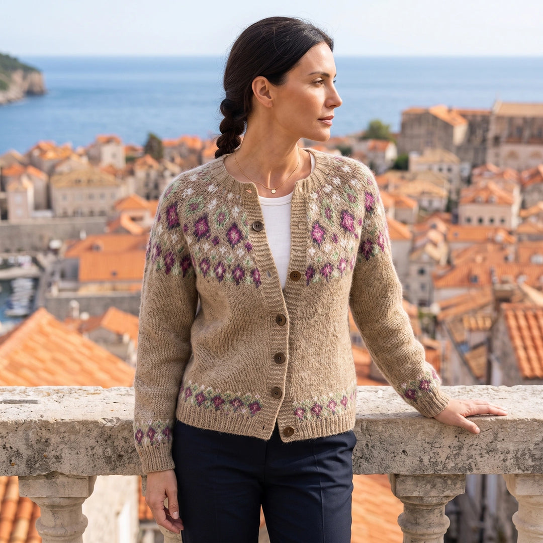 Ailsa Fair Isle Button Front Cardigan - Camel