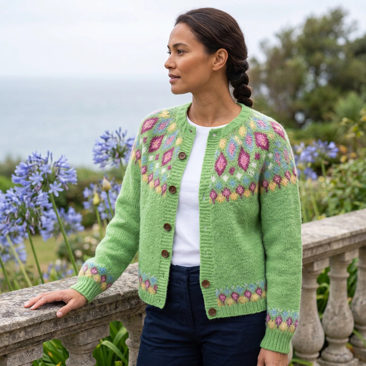 Ailsa Fair Isle Button Front Cardigan - Light Green