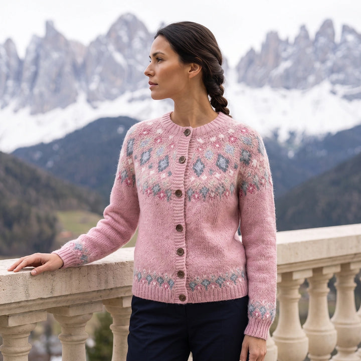 Ailsa Fair Isle Button Front Cardigan - Pink