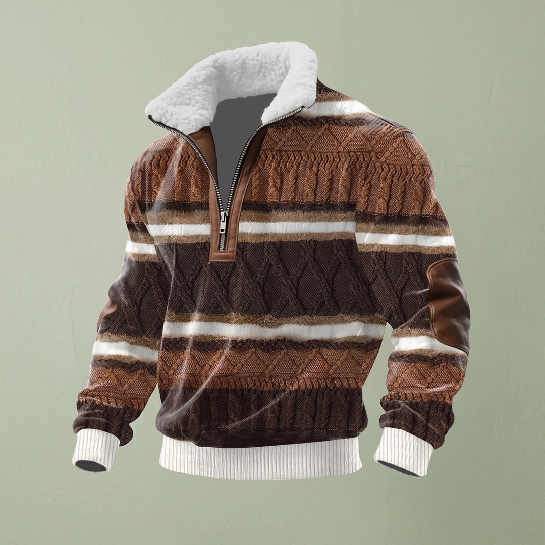 Albert Sherpa Collar Knit Quarter Zip Sweater - Brown/White