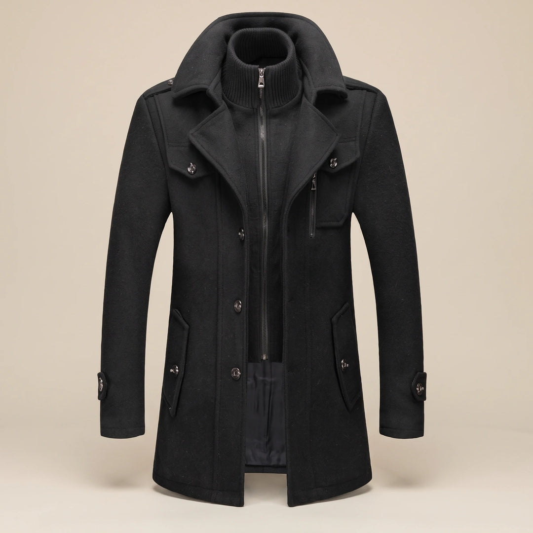 Alec Wool Blend Double Layer Zip Bib Coat - Black