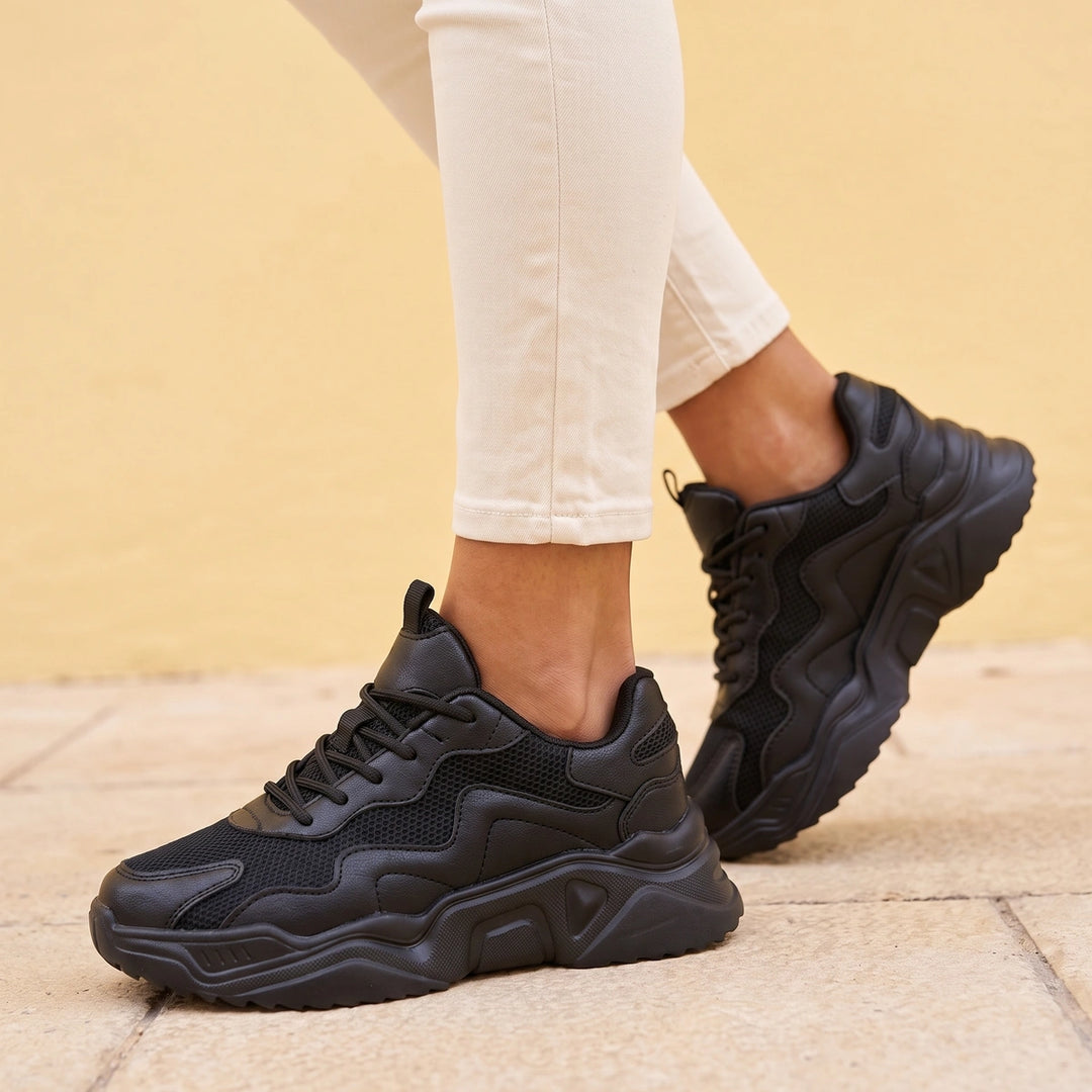 Althea Breathable Mesh Arch Support Chunky Sneakers - Black
