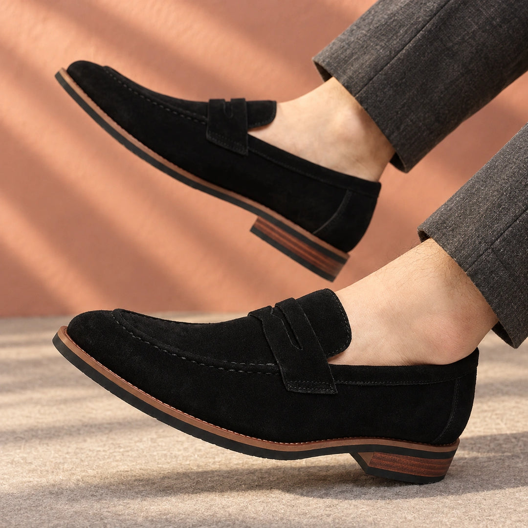 Amos Cushioned Suede Moc Toe Penny Loafers - Black