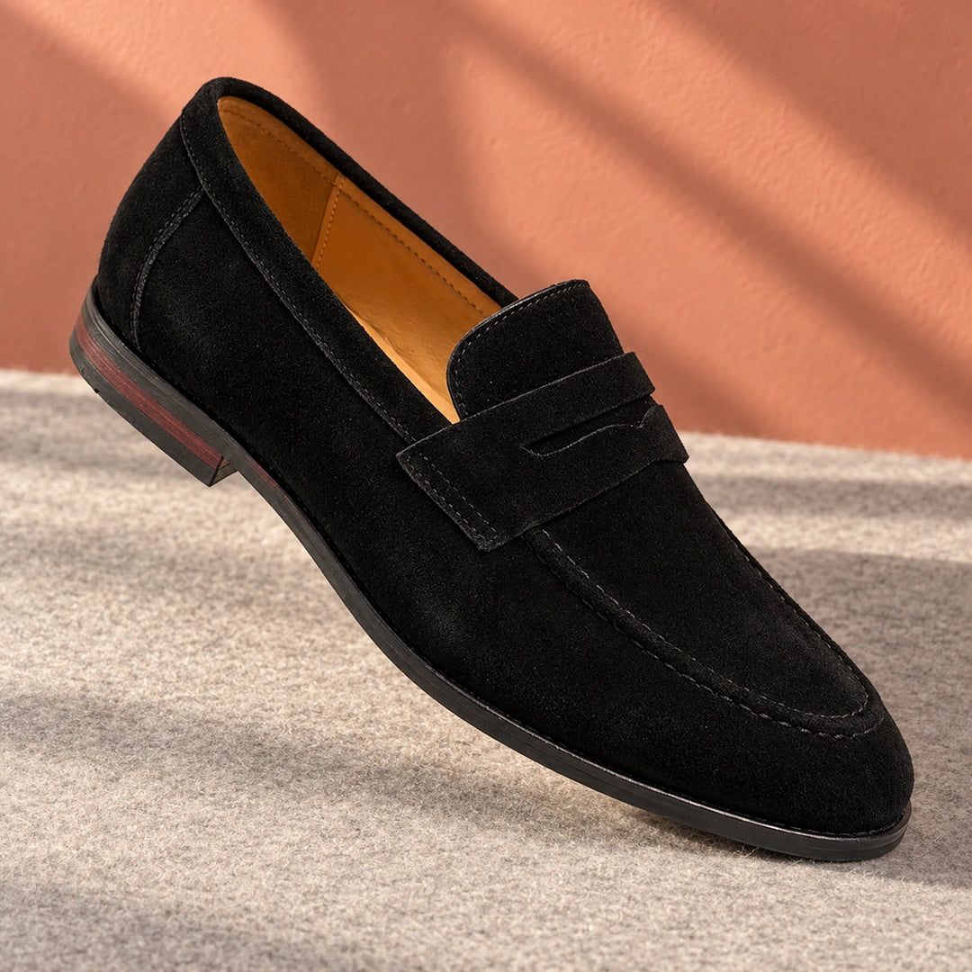 Amos Cushioned Suede Moc Toe Penny Loafers - Black