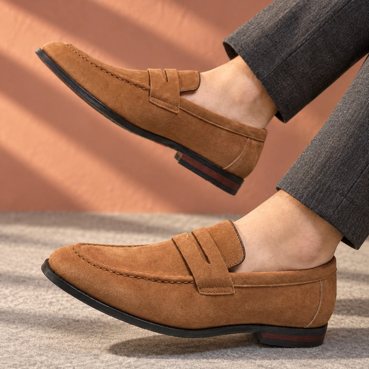 Amos Cushioned Suede Moc Toe Penny Loafers - Brown