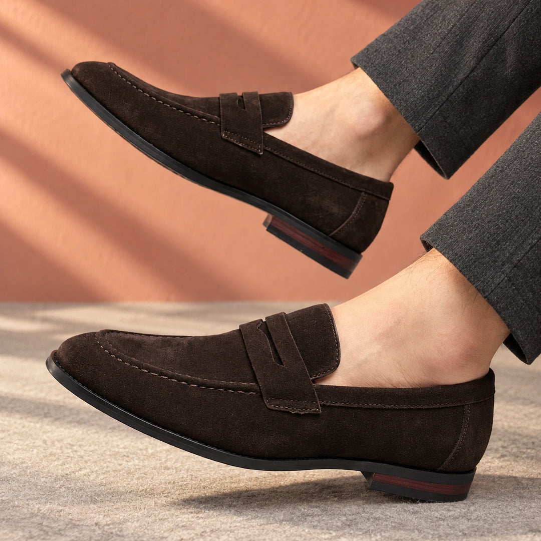Amos Cushioned Suede Moc Toe Penny Loafers - Dark Brown