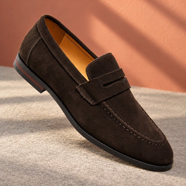 Amos Cushioned Suede Moc Toe Penny Loafers - Dark Brown
