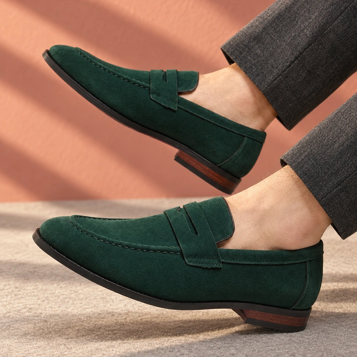 Amos Cushioned Suede Moc Toe Penny Loafers - Green