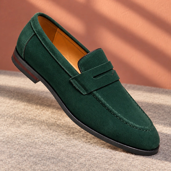 Amos Cushioned Suede Moc Toe Penny Loafers - Green