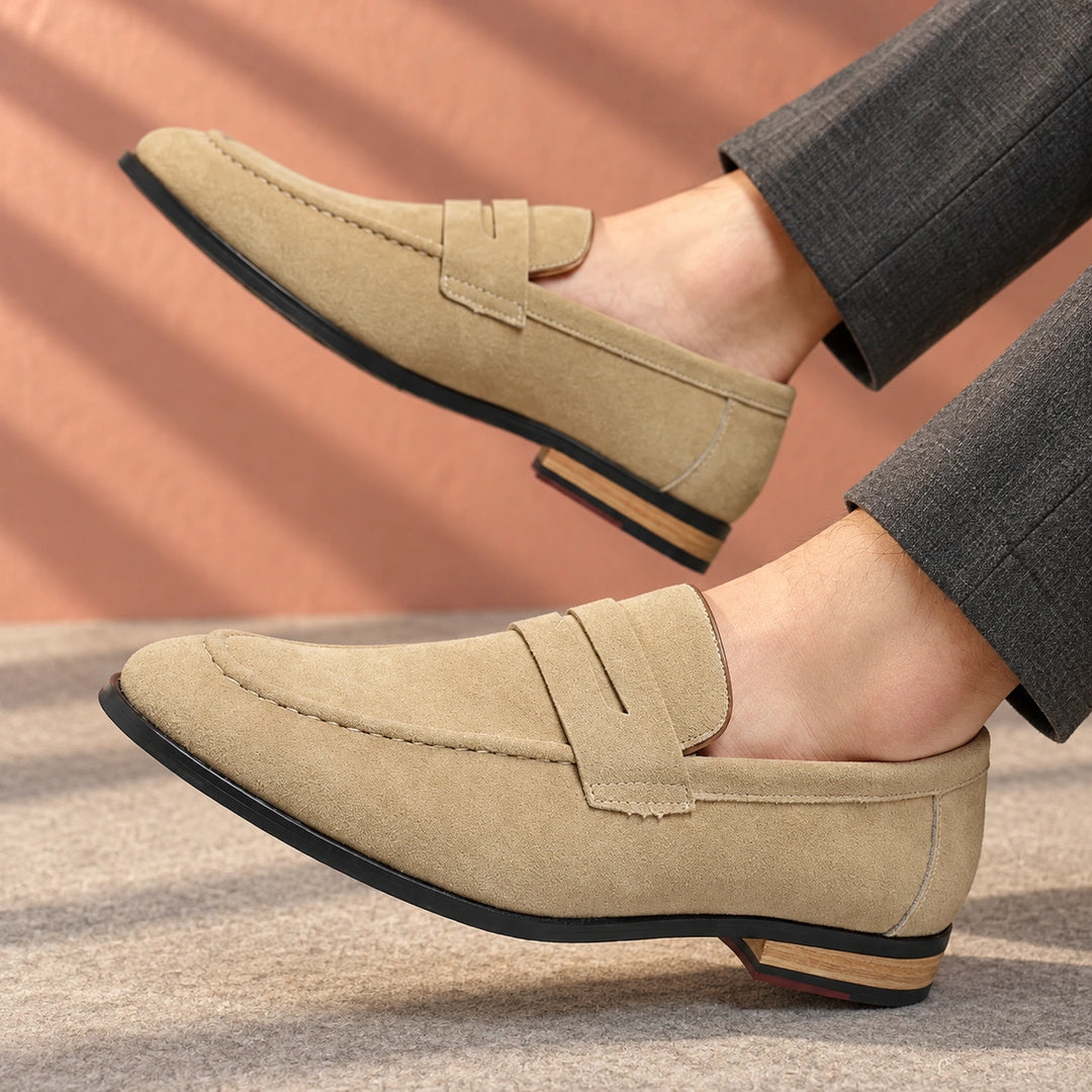Amos Cushioned Suede Moc Toe Penny Loafers - Sand