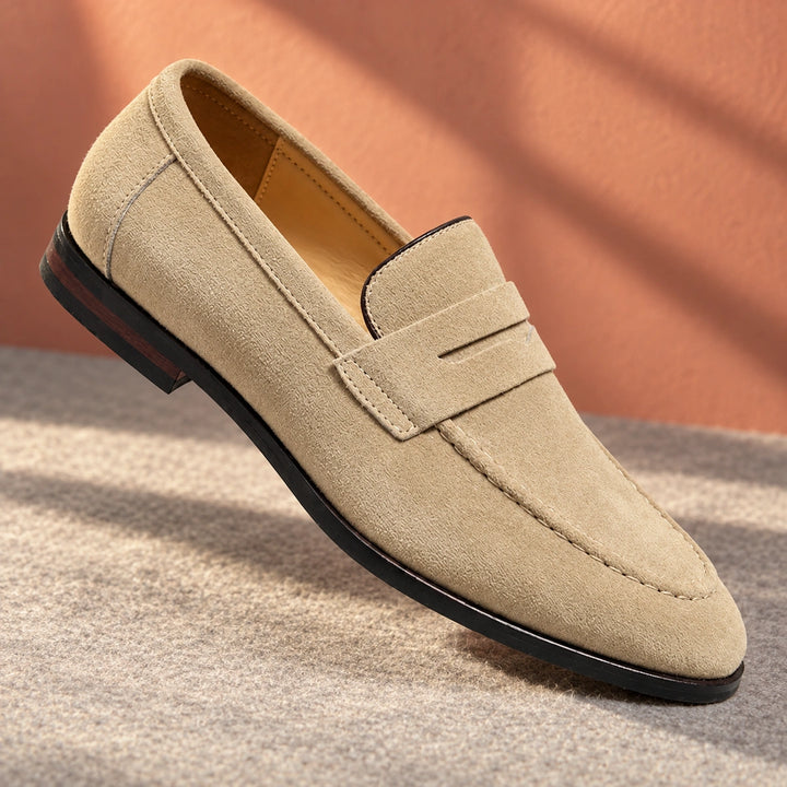 Amos Cushioned Suede Moc Toe Penny Loafers - Sand