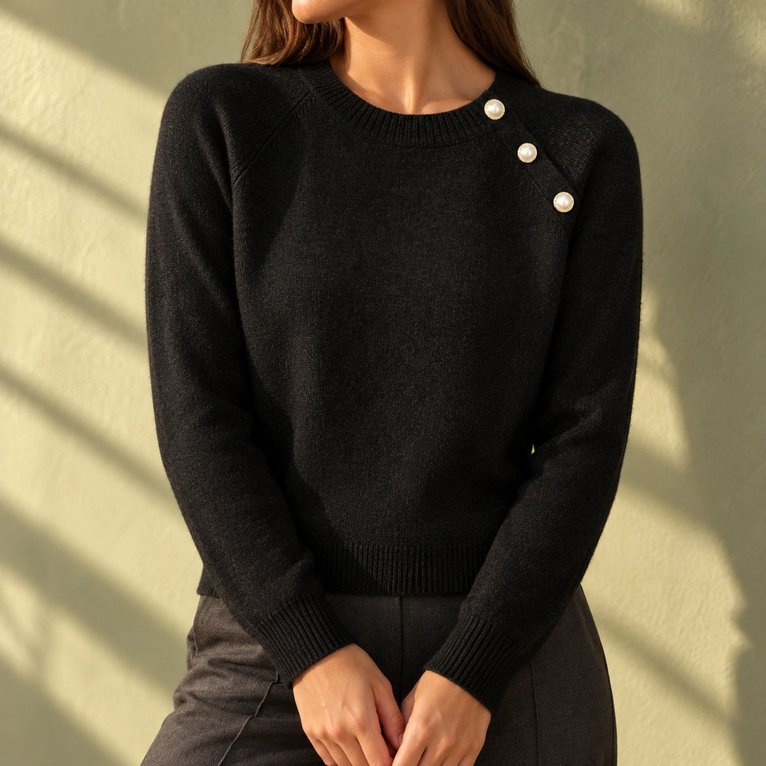 Angela Pearl Button Shoulder Heathered Knit Sweater - Black