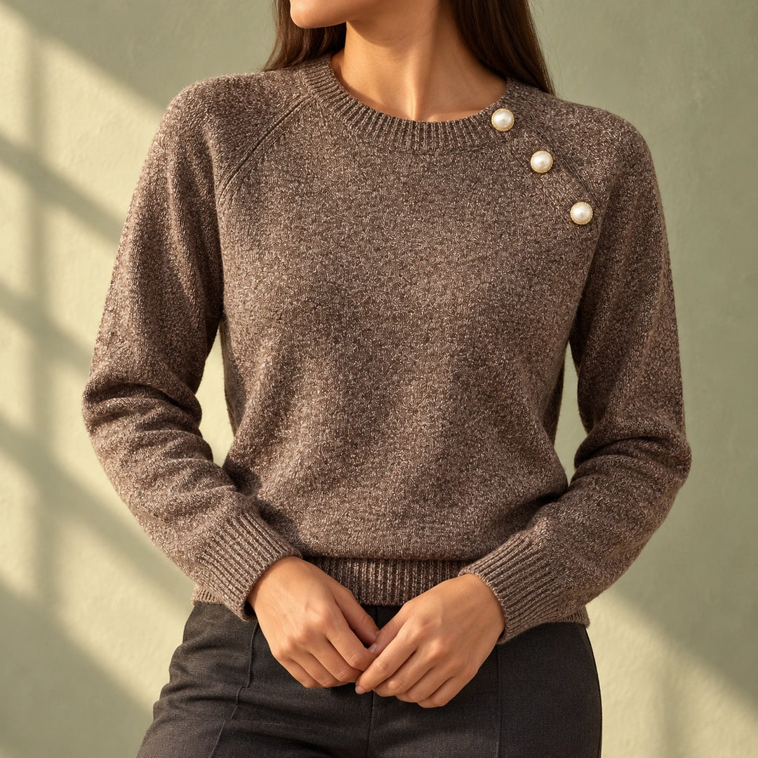Angela Pearl Button Shoulder Heathered Knit Sweater - Brown