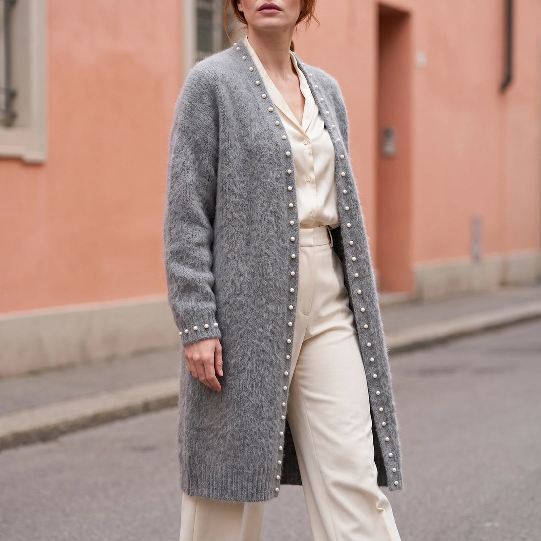 Angelica Pearl Edge Longline Cashmere Cardigan - Gray