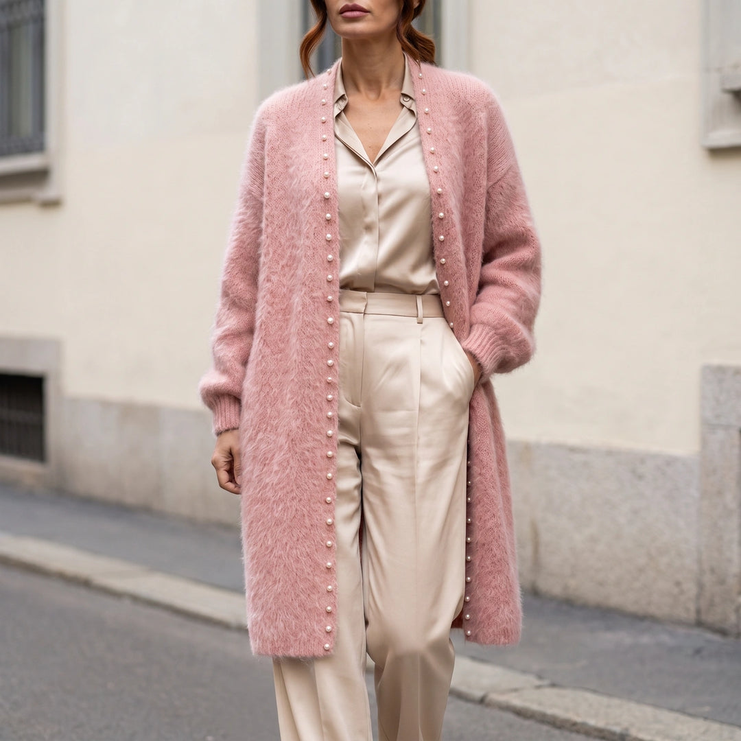 Angelica Pearl Edge Longline Cashmere Cardigan - Pink