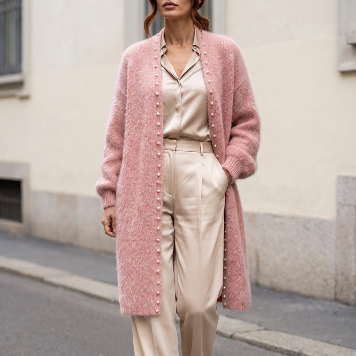 Angelica Pearl Edge Longline Cashmere Cardigan - Pink