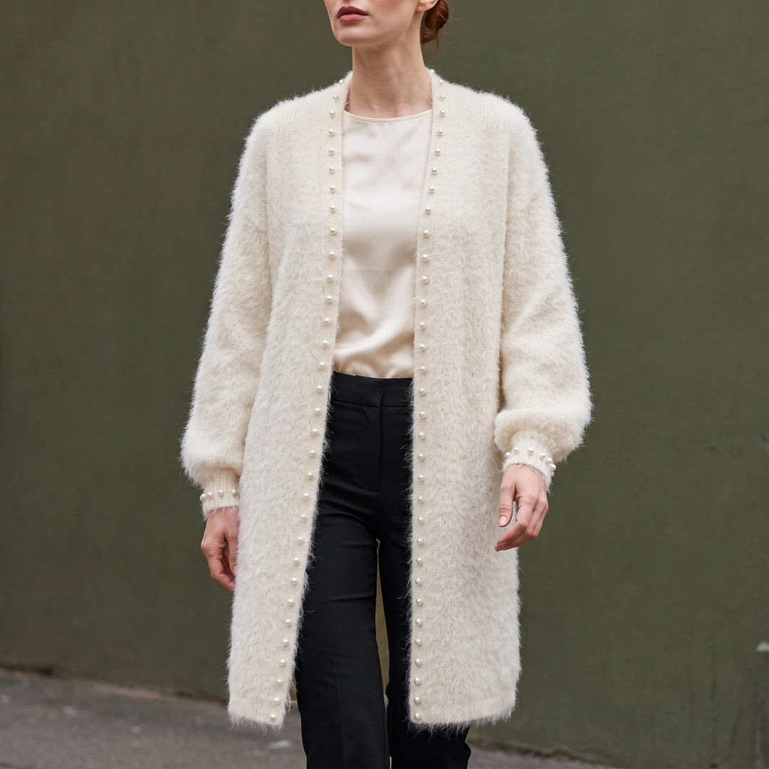 Angelica Pearl Edge Longline Cashmere Cardigan - White