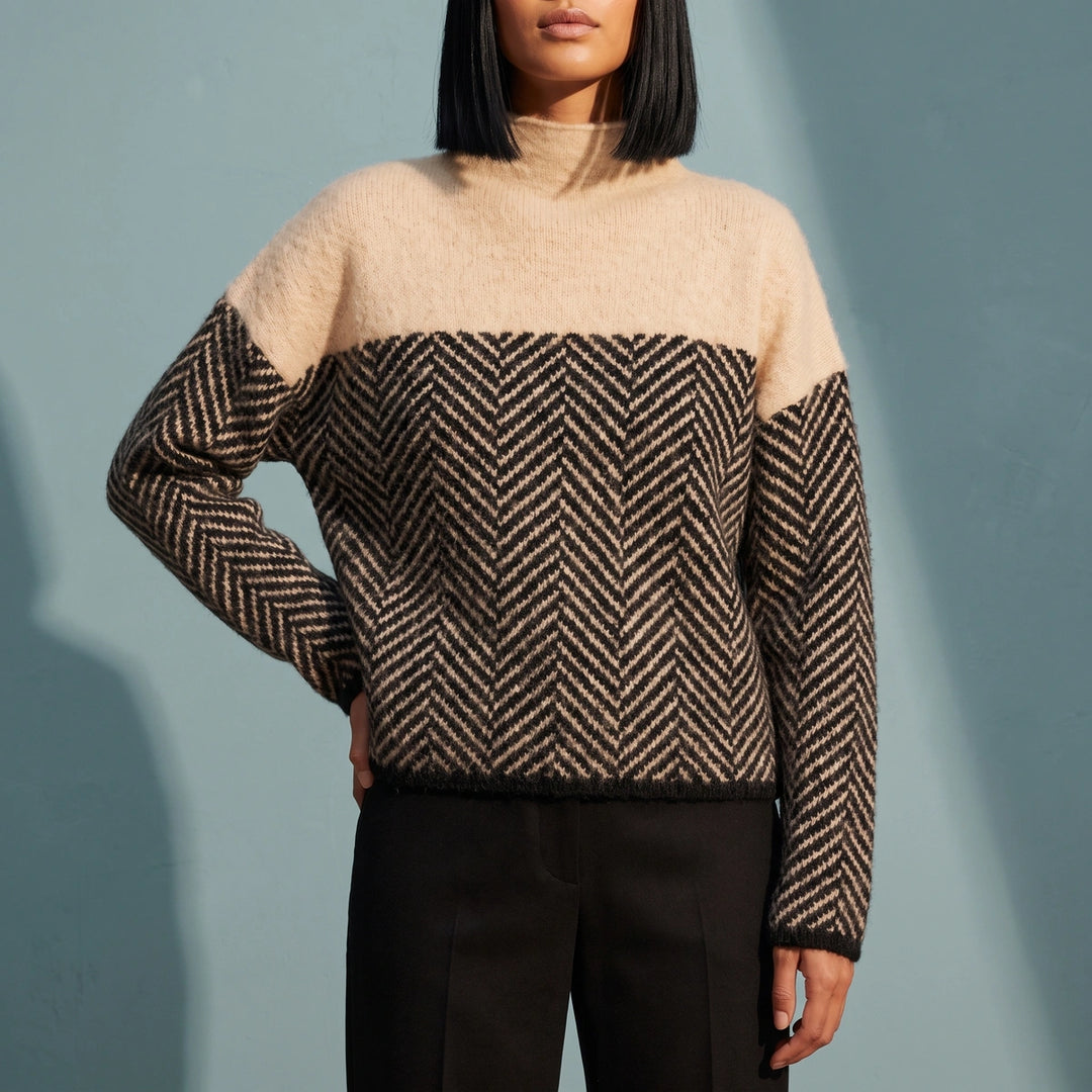 Annelise Herringbone Wool Blend Mock Neck Sweater - Camel