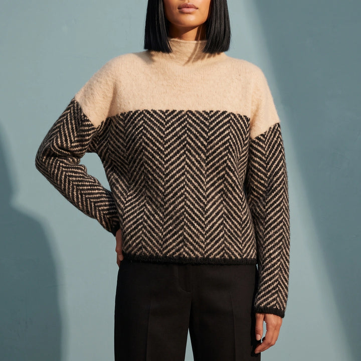 Annelise Herringbone Wool Blend Mock Neck Sweater - Camel