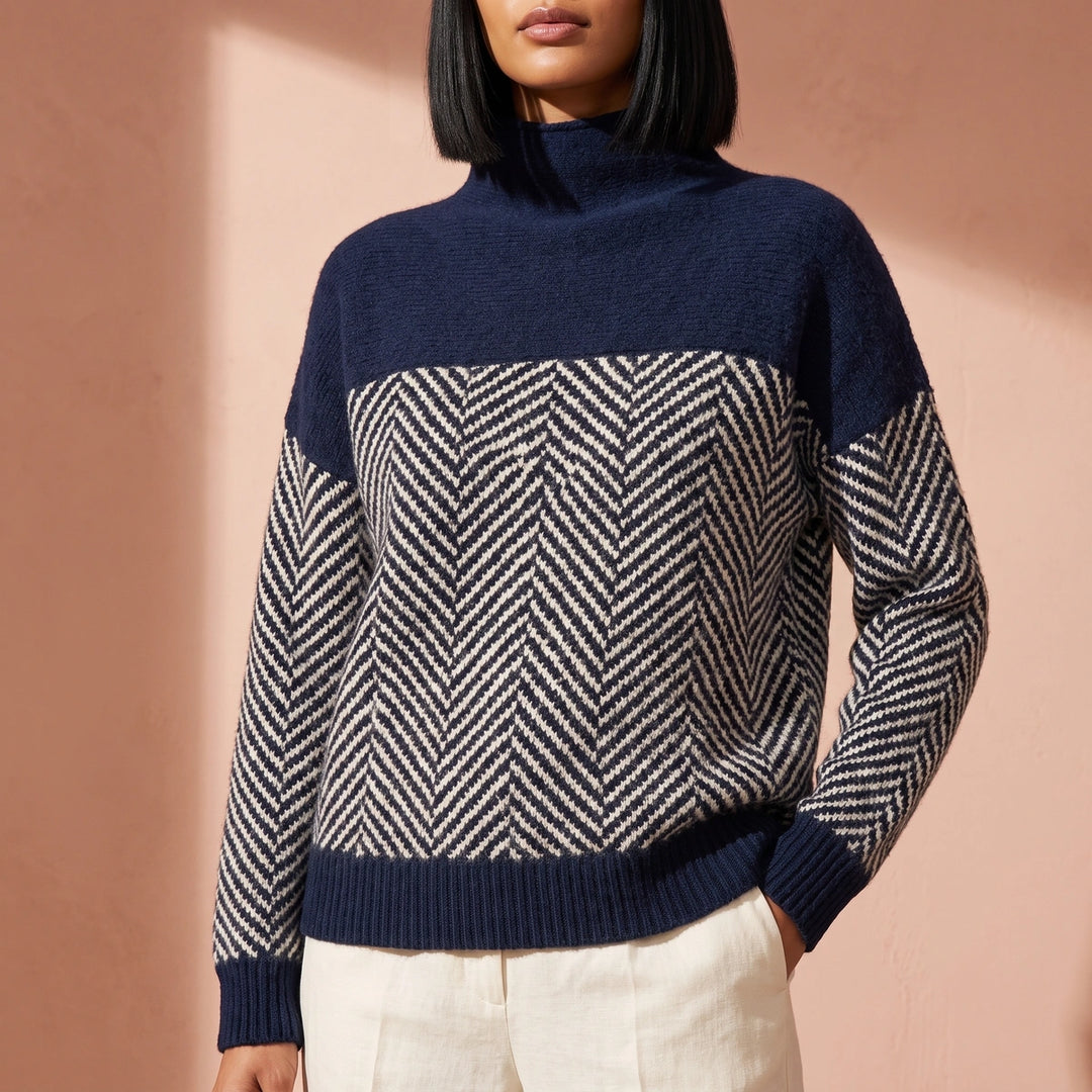 Annelise Herringbone Wool Blend Mock Neck Sweater - Navy