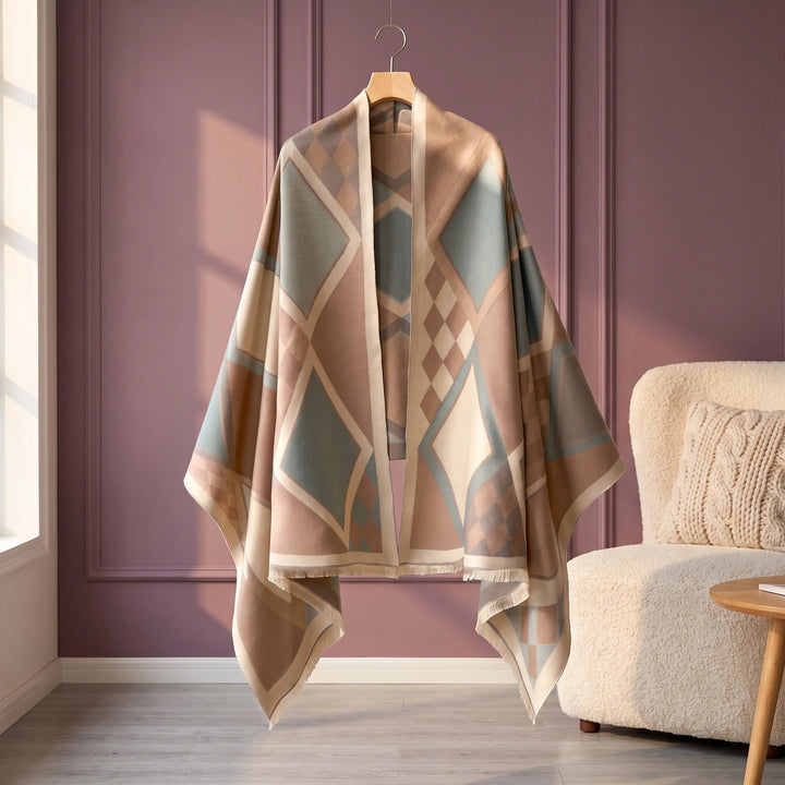 Annika Diamond Pattern Wool Blend Wrap Shawl - Beige