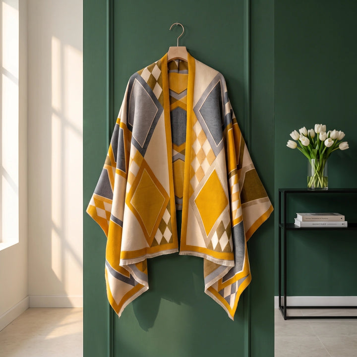 Annika Diamond Pattern Wool Blend Wrap Shawl - Golden