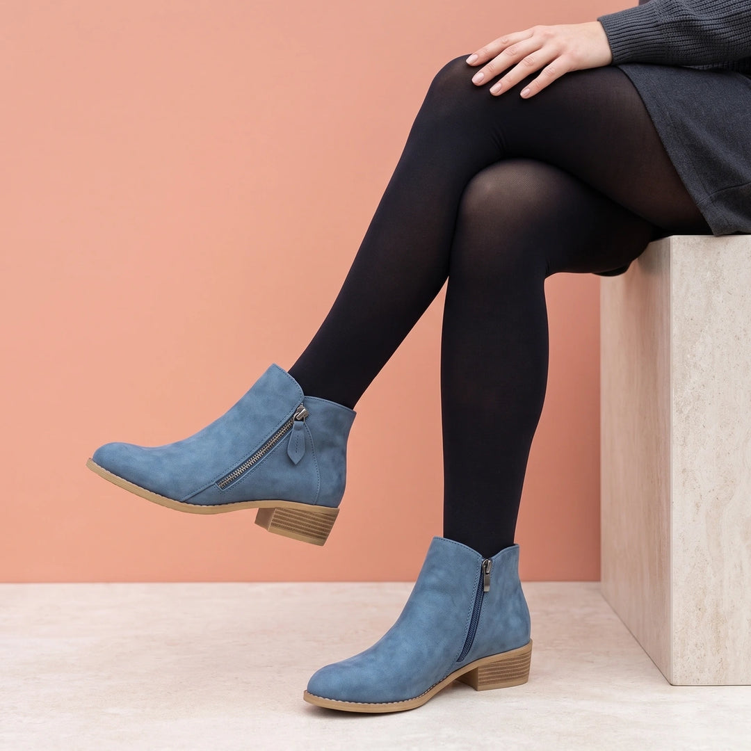 Apolline Curved Topline Low Block Heel Ankle Booties - Blue