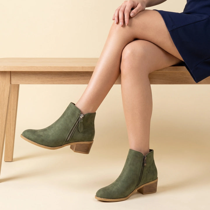 Apolline Curved Topline Low Block Heel Ankle Booties - Green