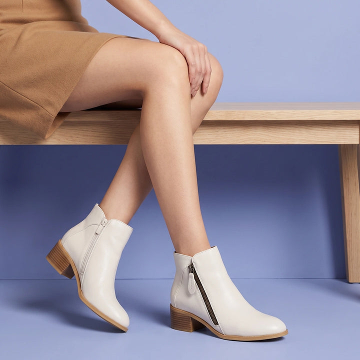 Apolline Curved Topline Low Block Heel Ankle Booties - White