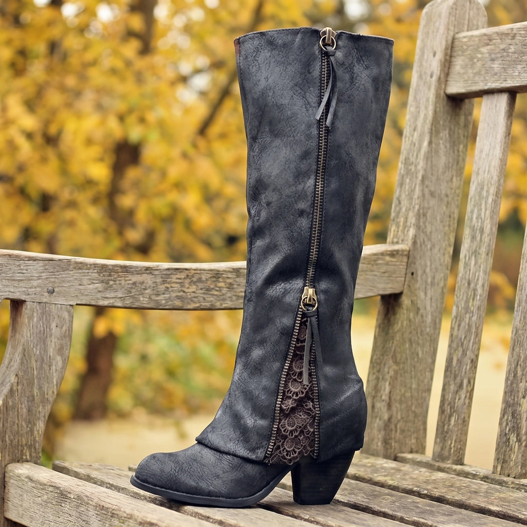 Aurora Distressed Lace Inset Side Zip Knee High Boots - Black