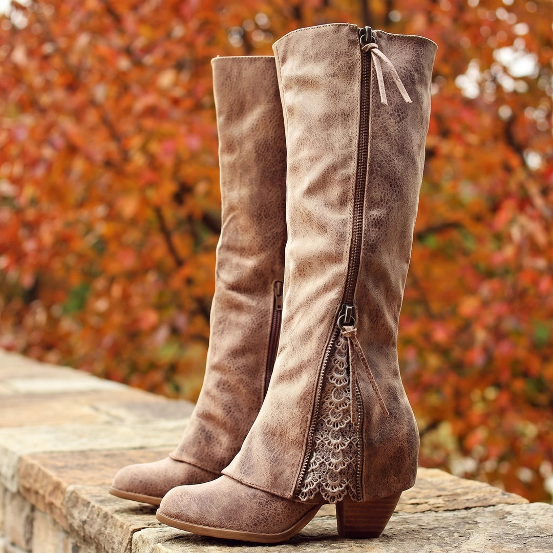 Aurora Distressed Lace Inset Side Zip Knee High Boots - Brown