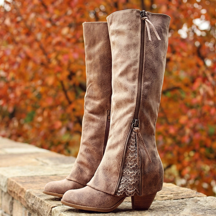 Aurora Distressed Lace Inset Side Zip Knee High Boots - Brown