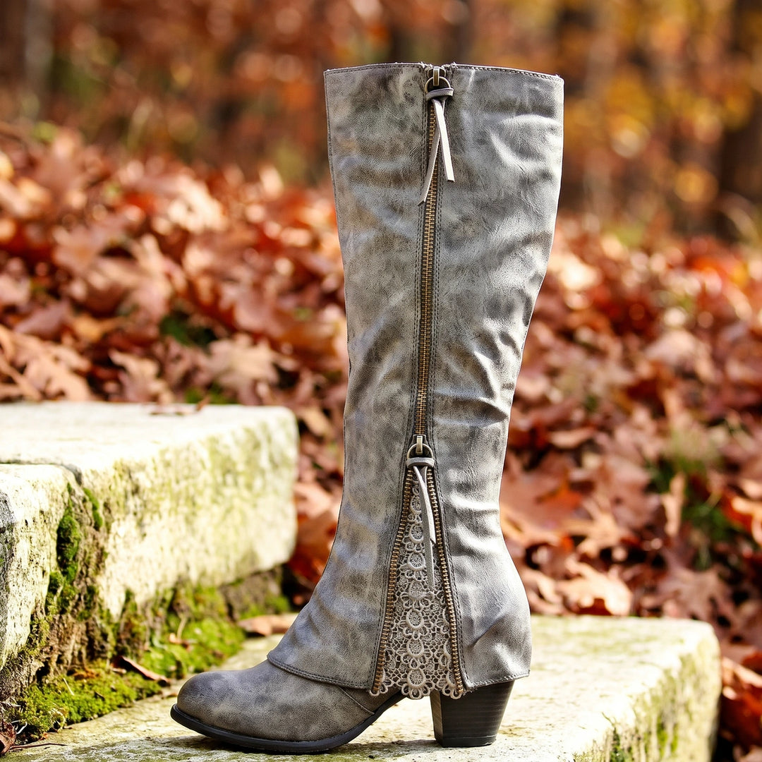 Aurora Distressed Lace Inset Side Zip Knee High Boots - Gray