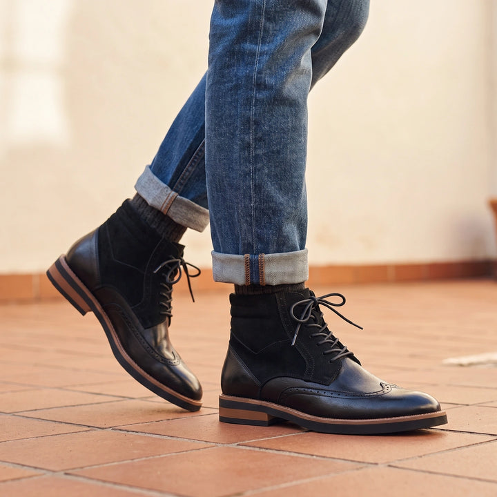 Austin Leather Wingtip Brogue Lace Up Boots - Black