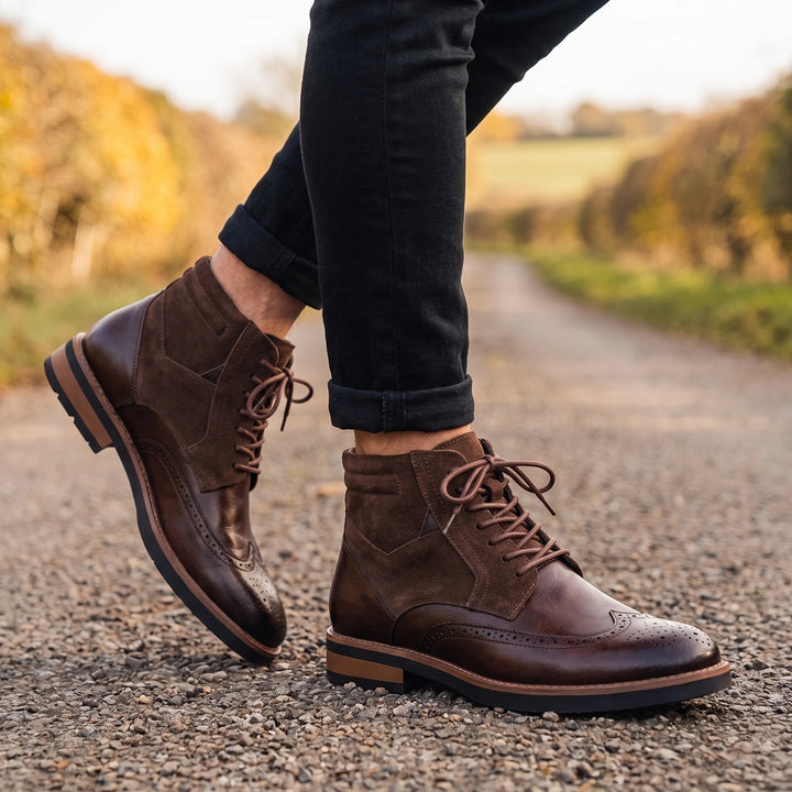 Austin Leather Wingtip Brogue Lace Up Boots - Brown