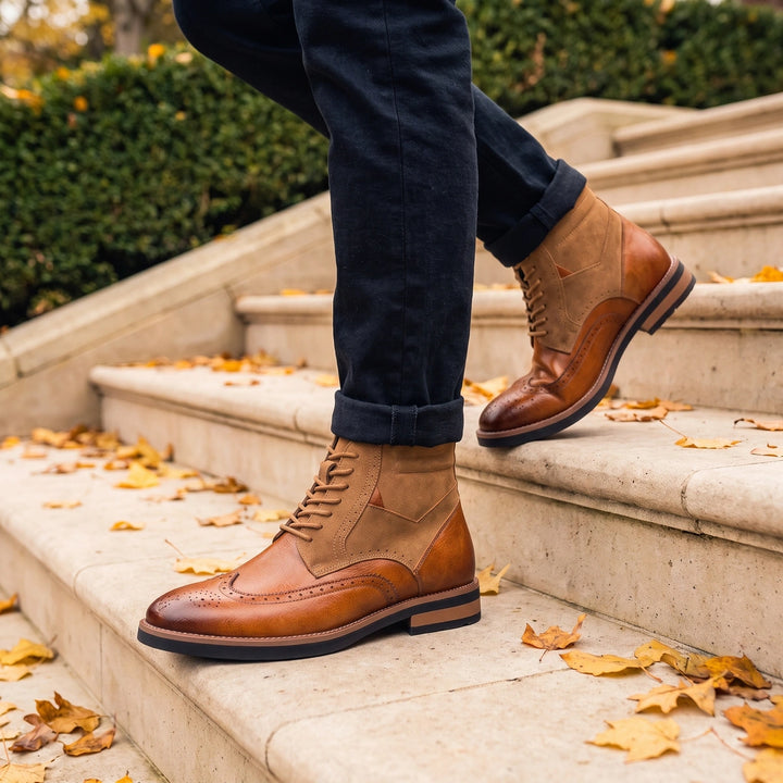 Austin Leather Wingtip Brogue Lace Up Boots - Cognac