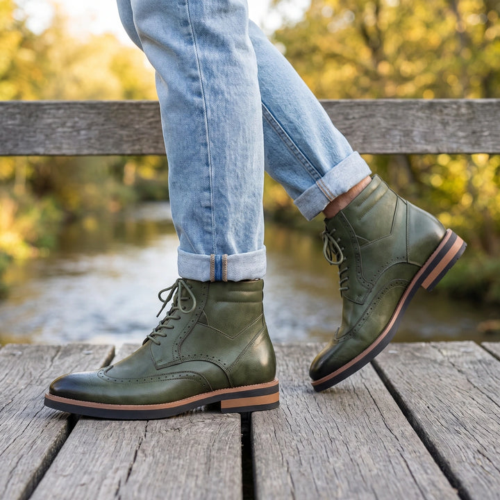Austin Leather Wingtip Brogue Lace Up Boots - Olive